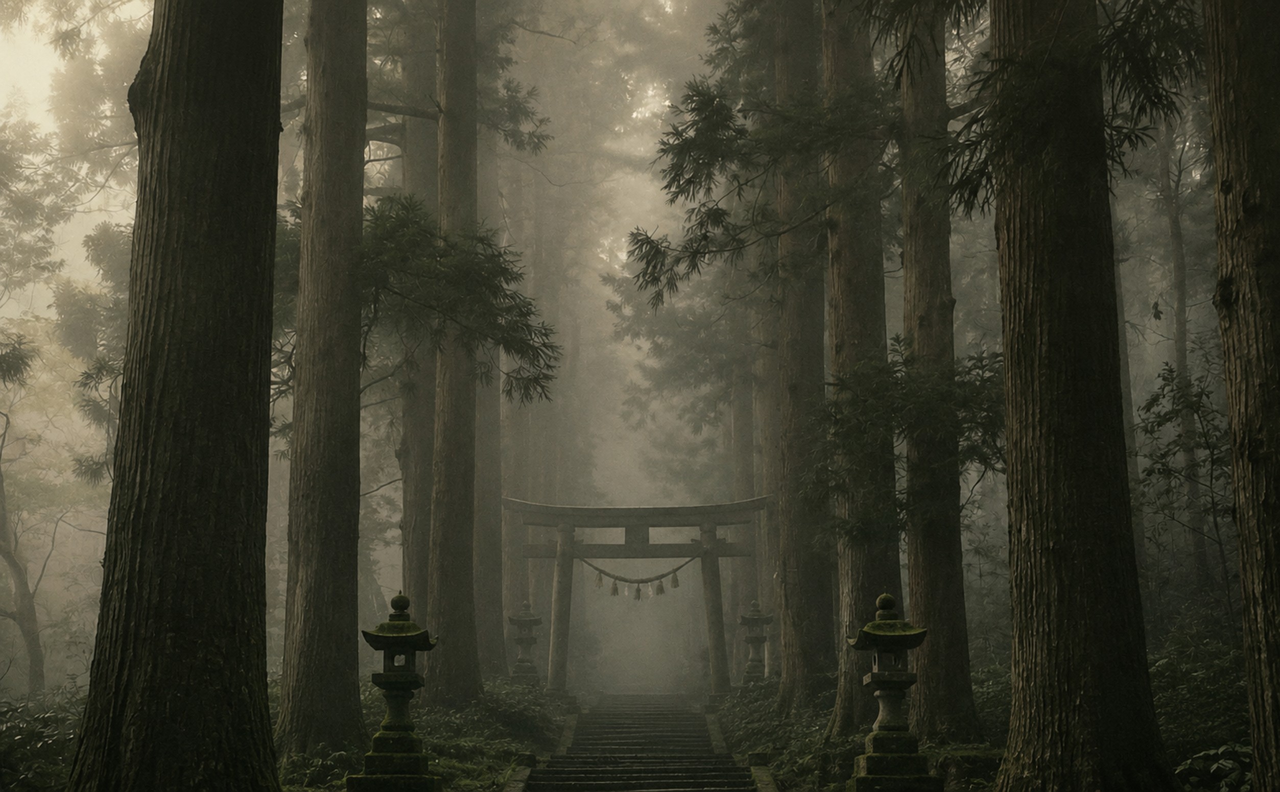 Poartă torii într-o pădure japoneză în ceață