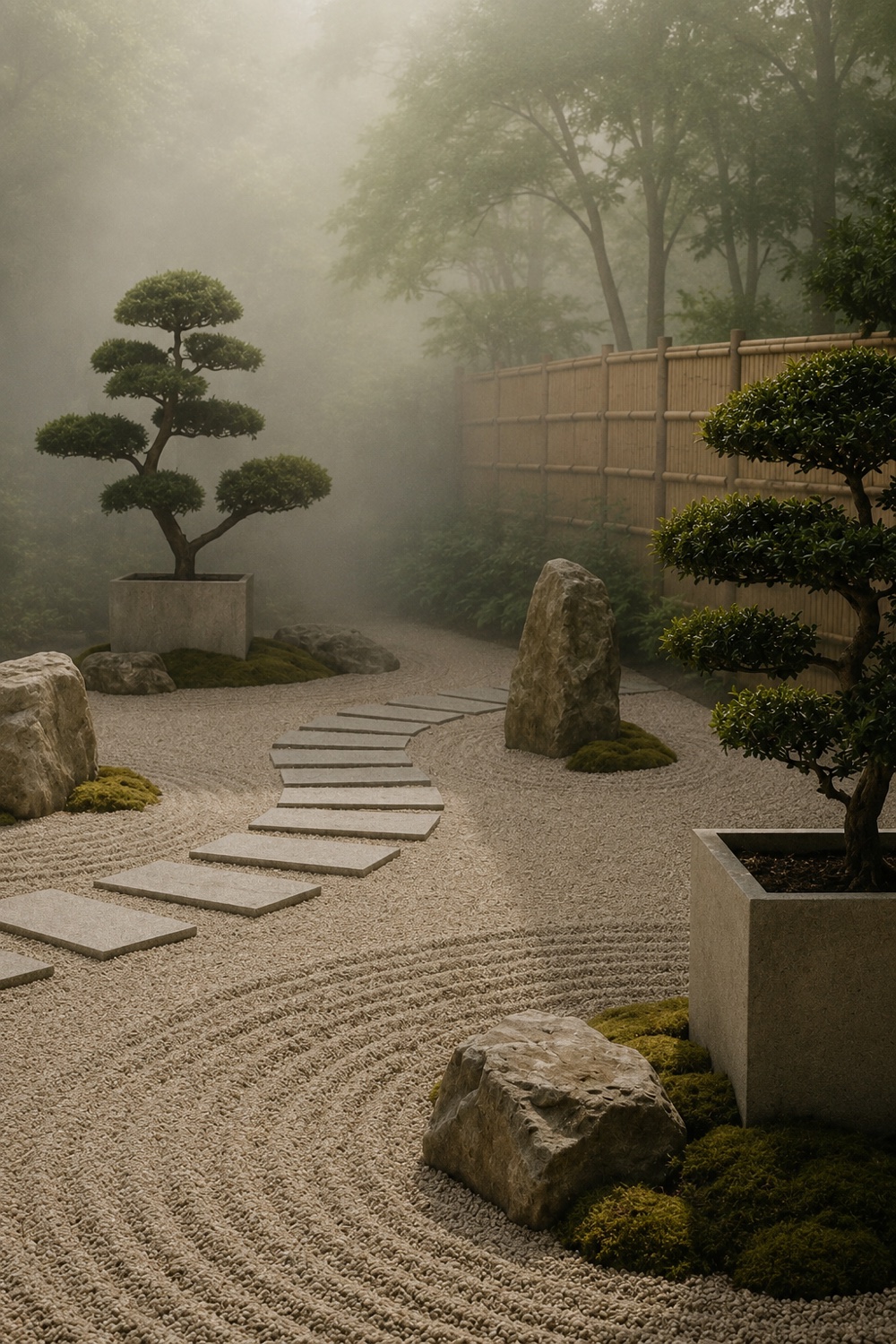 Grădină zen japoneză în ceață, cu bonsai și piatră